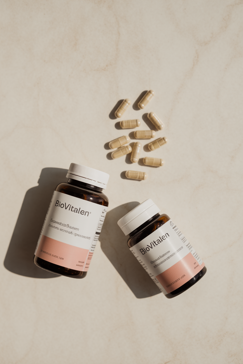BioVitalen supplement bottle and capsules arranged on a clean surface